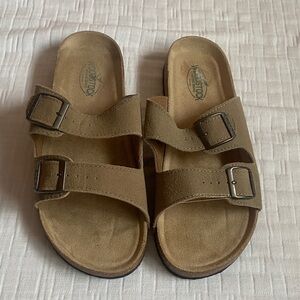 WOODSTOCK Two-Band Suede Slide Sandals in Taupe
